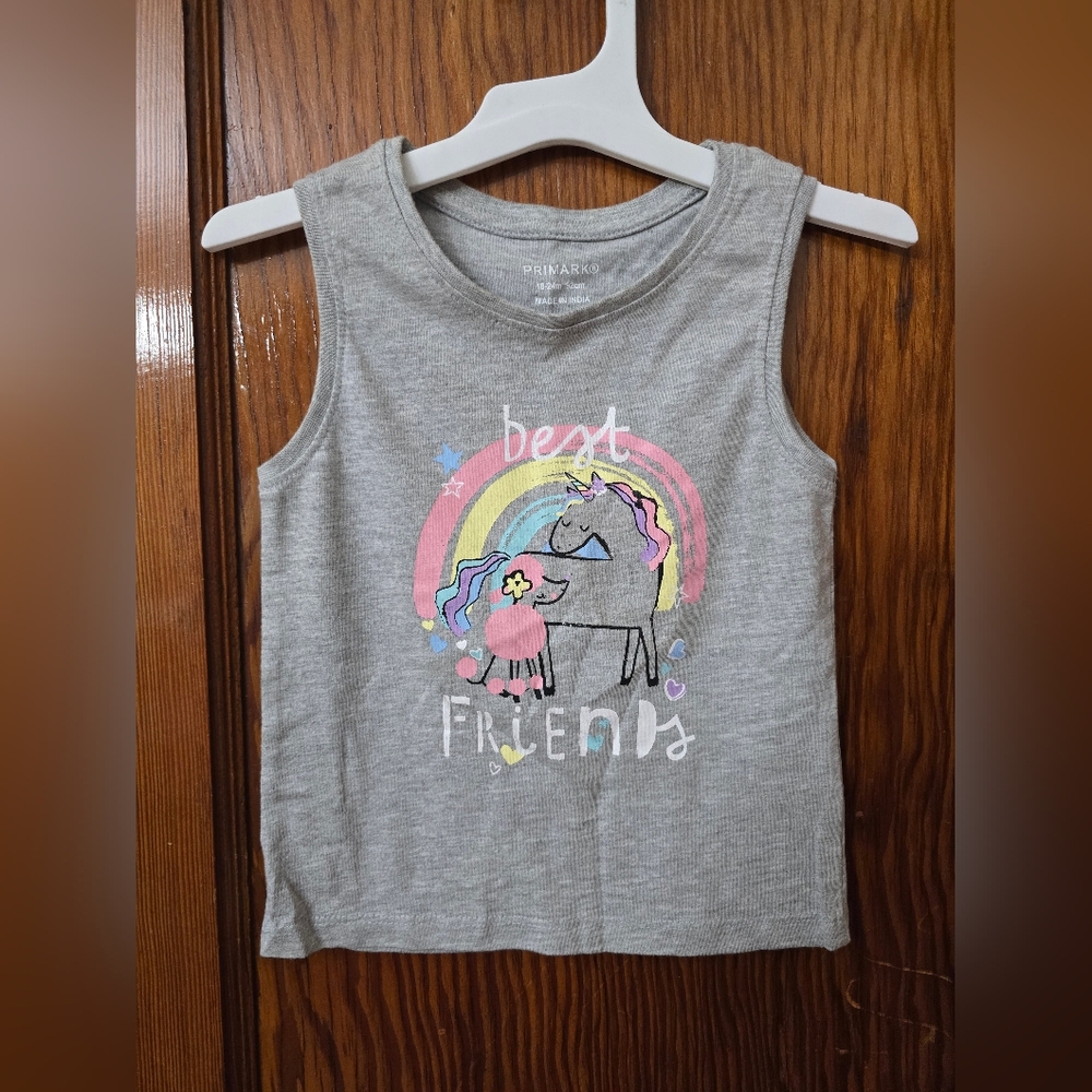 Primark Girls Unicorn Tank Top Gray “Best Friends” Rainbow Tee Size 18-24M
